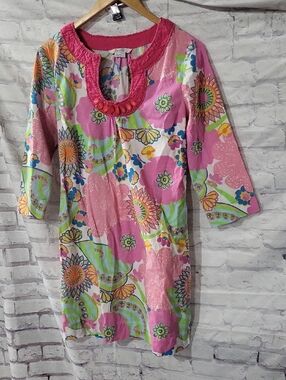 Boden Pink Floral Cotton Tunic Dress with Multicolor Blooms